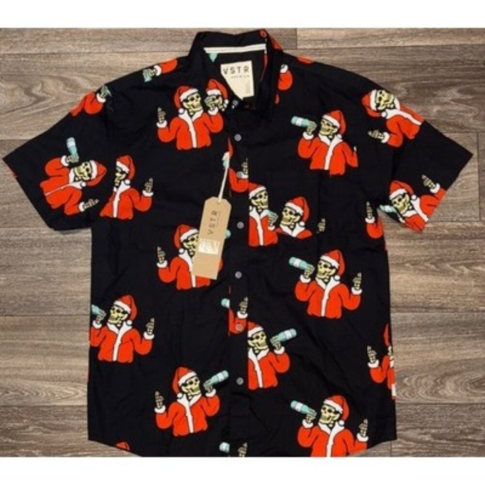 VSTR Santa Skeleton Skull Drinking Hawaiian Christmas Shirt Sz L Button Up